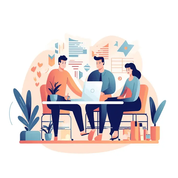 3 personnes autour d'une table travaillant ensemble sur un ordinateur.