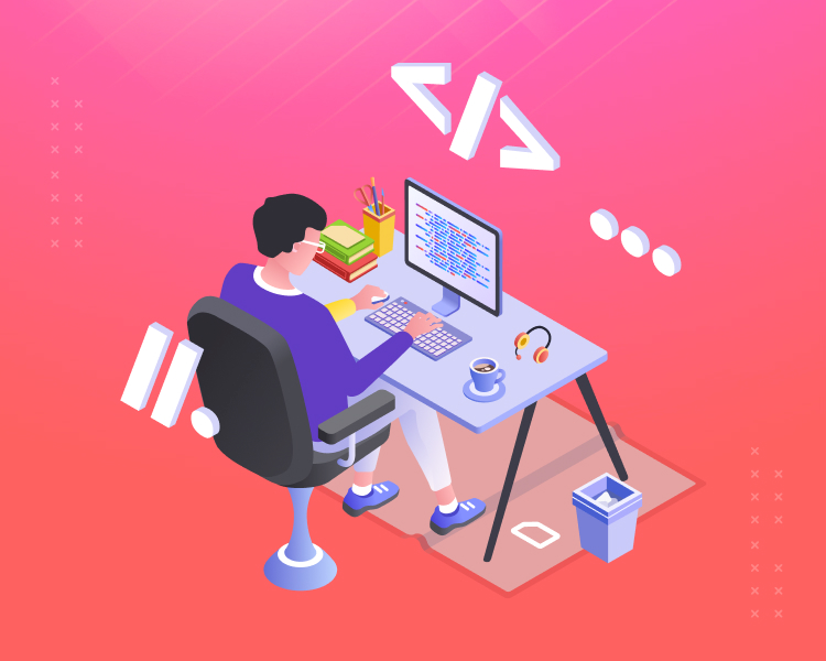 Image vectorielle représentant un développeur en train de coder une application web sur un bureau bien rangé avec un café à côté du clavier de son pc